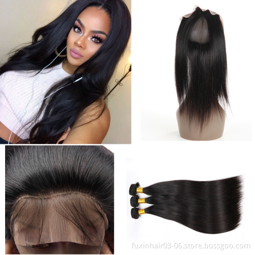 Brazilian Hair 360 Lace Frontal with Bundles 100% Virgin Hair Unprocessed Hair Extension Human 10-22inch